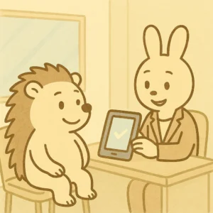 かわいい手描き風のイラスト。ハリオくんがカウンセリング室で椅子に座っており、前には優しそうなスタッフ(動物キャラクターでも可)が、タブレットを見せながら丁寧に説明している。ハリオくんは安心した表情。背景はクリニックの明るく清潔な個室。文字なし、1:1比率、パステルカラー。