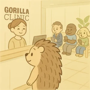 かわいい手描き風のイラスト。ゴリラクリニック風の待合室で、スーツ姿の男性キャラクターやカジュアルな男性キャラクターたち（すべてデフォルメ・動物擬人化でOK）が自然に座ってスマホを見ている。ハリオくんも落ち着いた様子で受付をしている。スタッフは優しい笑顔。背景は清潔感のあるモダンな内装。文字なし、1:1比率、パステルカラー。
