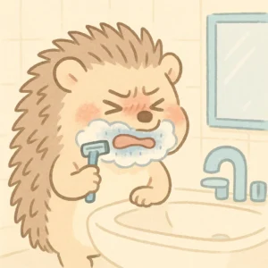 かわいい手描き風のイラスト。ハリネズミのキャラクター「ハリオくん」が洗面台の前でヒゲを剃りながら苦しそうな顔をしている。ヒゲが濃く青く残っており、肌が赤く荒れている様子。背景はシンプルな洗面所。色調はやわらかく落ち着いたパステルカラー。コミカルで親しみやすいテイスト。文字や吹き出しは入れない。1:1の比率。