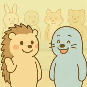 かわいい手描き風のイラスト。左にツルツル肌で笑顔になっているハリオくん、右にツルツル肌で笑顔になっているツルオくん。背景には周囲の人たち(動物キャラ)が「清潔感あるね」「若返った?」と好意的な雰囲気で見ている。パステルカラー、文字なし、1:1比率。