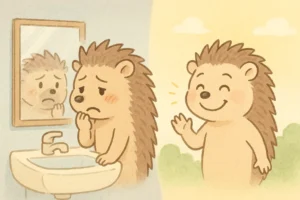 かわいい手描き風のイラスト。ハリネズミのキャラクター「ハリオくん」が鏡の前でヒゲを触りながら落ち込んでいる姿と、その右側に未来の自分（ツルツル肌で笑顔のハリオくん）が並んでいる。背景はやわらかいパステルカラーの洗面所と光の差す未来の世界の2つの空間が半分ずつ表現されている。文字なし、1:1比率、やわらかく温かい雰囲気。
