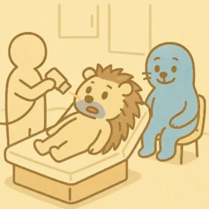 かわいい手描き風のイラスト。ハリオくんが施術ベッドに横たわり、レーザーを当てられて少しびっくりした表情をしている。横にはツルオくん（未来の自分）がリラックスして座っており、「大丈夫」という雰囲気を出している（吹き出しなし）。施術スタッフは優しい雰囲気の人間キャラクターで、安心感のある笑顔。背景はクリニックの施術室風。パステルカラー、柔らかいトーン。1:1比率。
