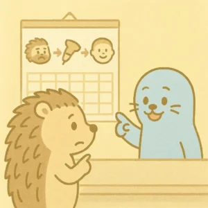 かわいい手描き風のイラスト。ハリオくんがカレンダーを眺めながら、「ヒゲが生える→脱毛→薄くなる」という流れを矢印で確認している。横にはツルオくんが未来の自分として「今始めれば夏にはツルツル」と指差している。背景はパステルカラーでやさしい雰囲気。文字なし。1:1比率。
