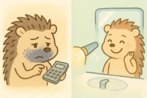 かわいい手描き風のイラスト。左側にヒゲの濃いハリネズミ「ハリオくん」が、電卓を見ながら「高いかな…」と不安そうな顔をしている。右側にはツルツル肌の「ツルオくん」が明るい表情で鏡を見て「これで人生変わったんだ」と満足している。背景はシンプルで、左右対比がはっきりわかる構図。パステルカラーでポップな雰囲気。文字・吹き出しなし。1:1比率。